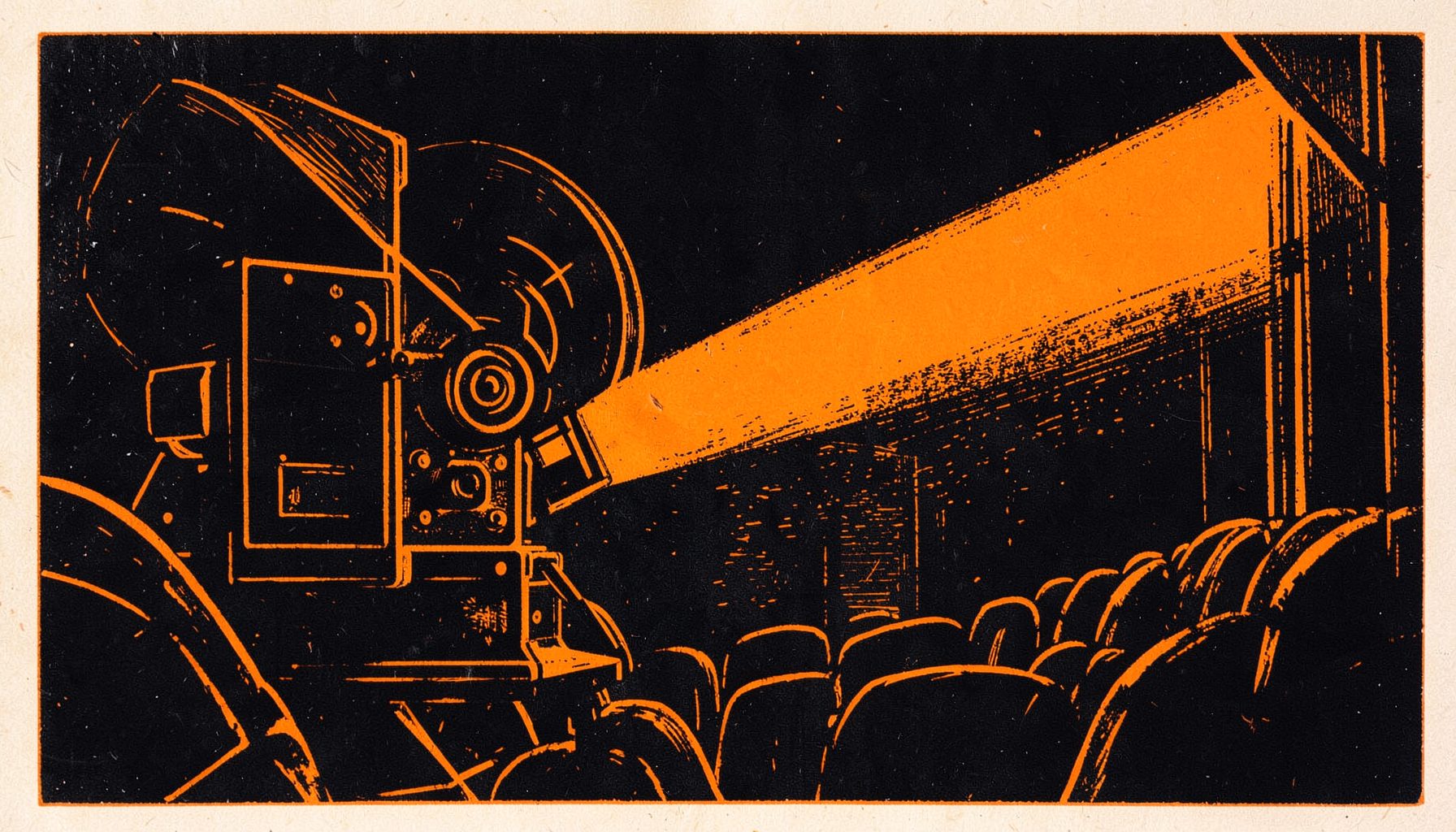 A carved linocut relief print of a vintage cinema projector casting a beam of light across a dark theater, deep charcoal blacks and warm amber highlights, dramatic and nostalgic mood
