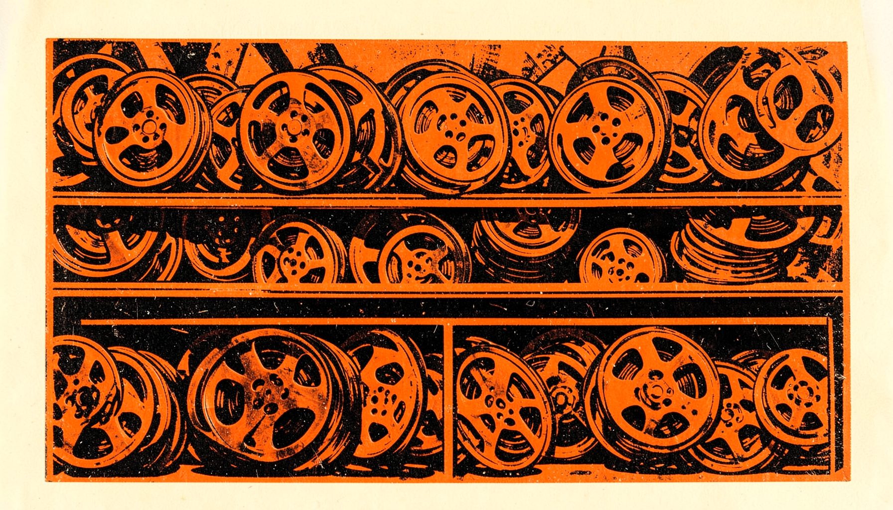 A carved linocut relief print of rows of film reels stacked on shelves, bold black ink on warm cream paper, cinematic and archival atmosphere