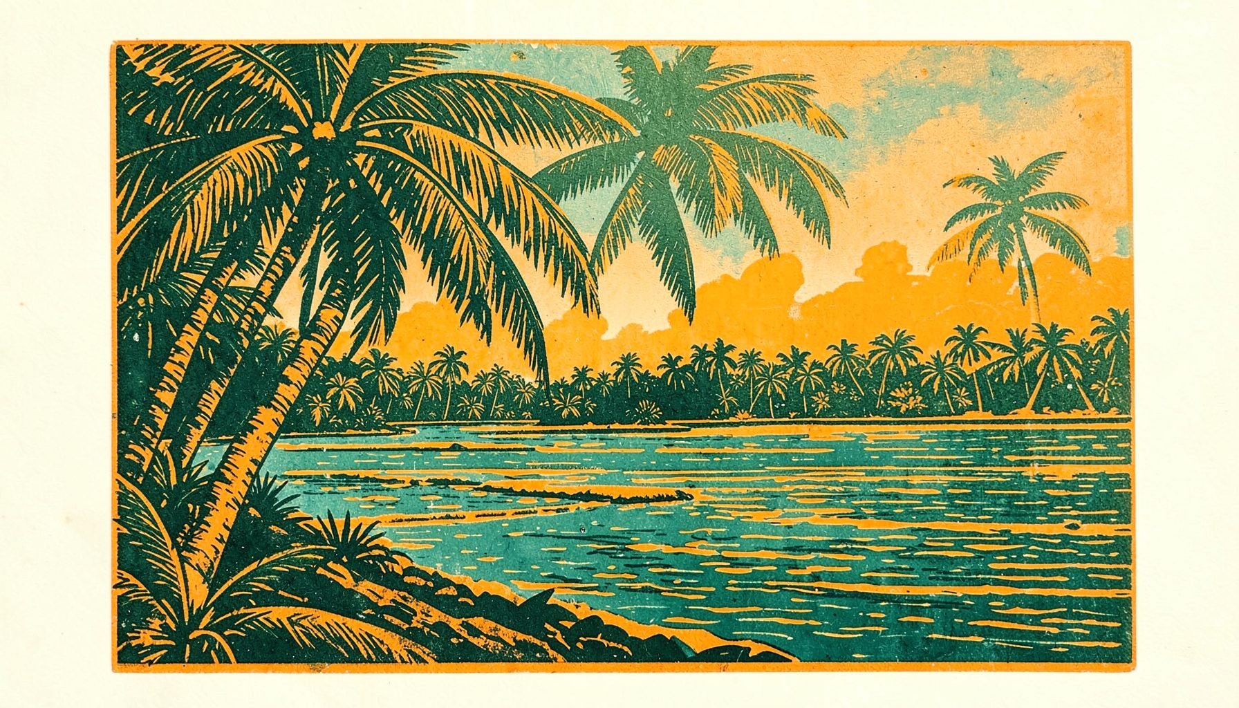 A carved linocut relief print of lush coconut palms and backwaters in deep greens, warm ochres, and muted teal, evoking the coastal landscapes of Kerala