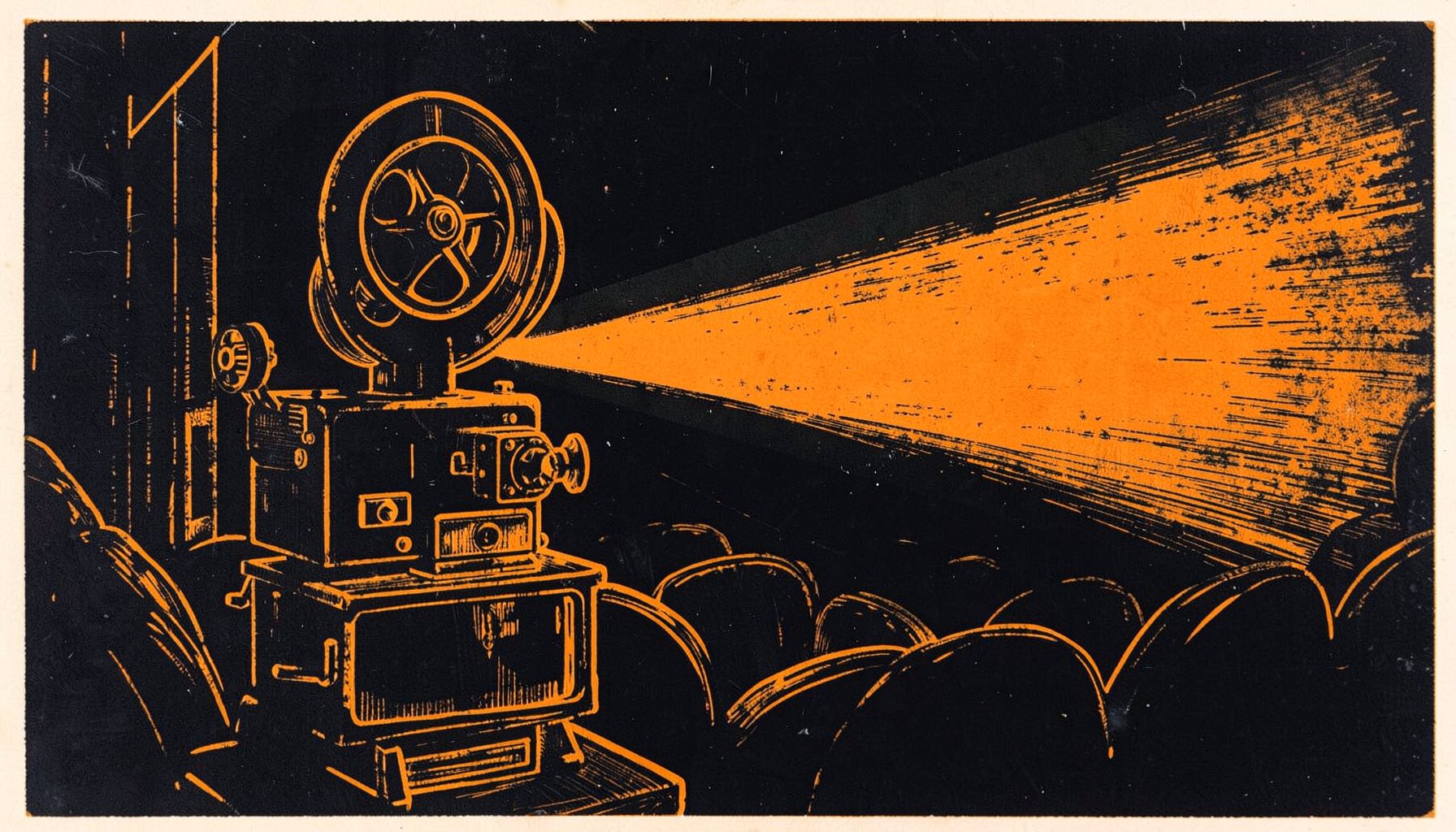 A carved linocut relief print of a vintage film projector casting a beam of light across a dark theater, rendered in deep charcoal blacks and warm amber highlights.
