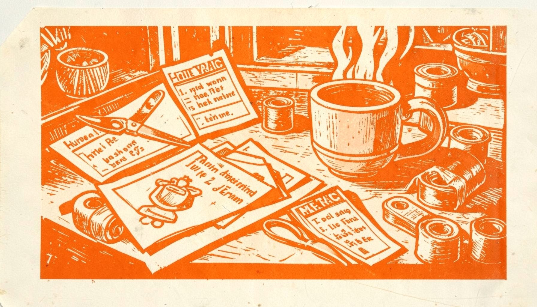 A carved linocut relief print of a cozy kitchen tabletop with scattered recipe cards, scissors, ribbon spools, and a steaming mug, rendered in warm terracotta and cream tones
