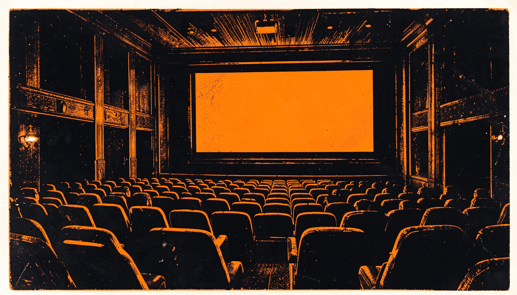 A carved linocut relief print of a darkened cinema auditorium with rows of seats facing a glowing screen, deep charcoal blacks and warm amber highlights, atmospheric and cinematic mood.