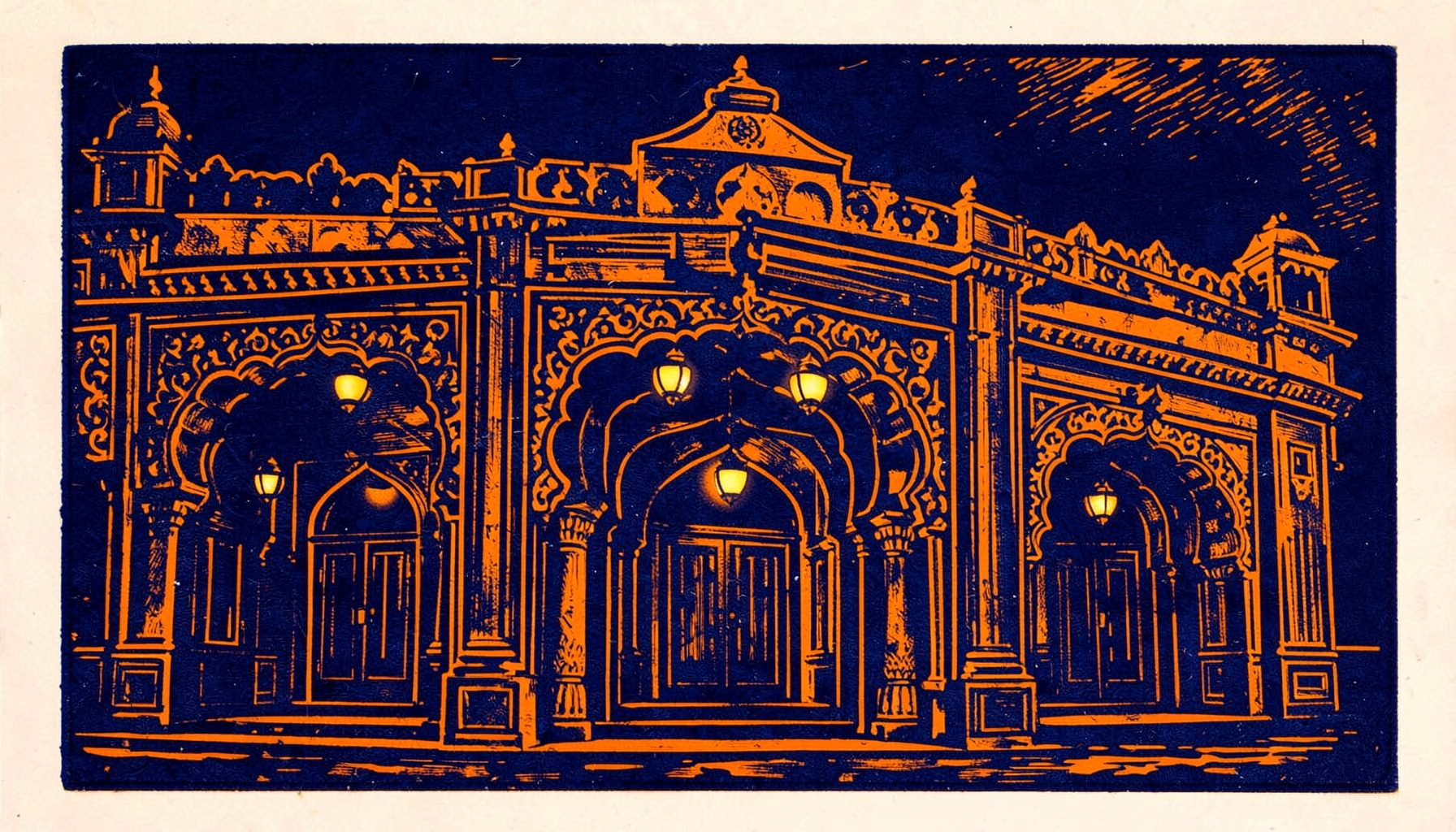A carved linocut relief print of a traditional Indian cinema hall facade with ornate arches and glowing lanterns, deep indigo and warm amber tones, atmospheric evening mood